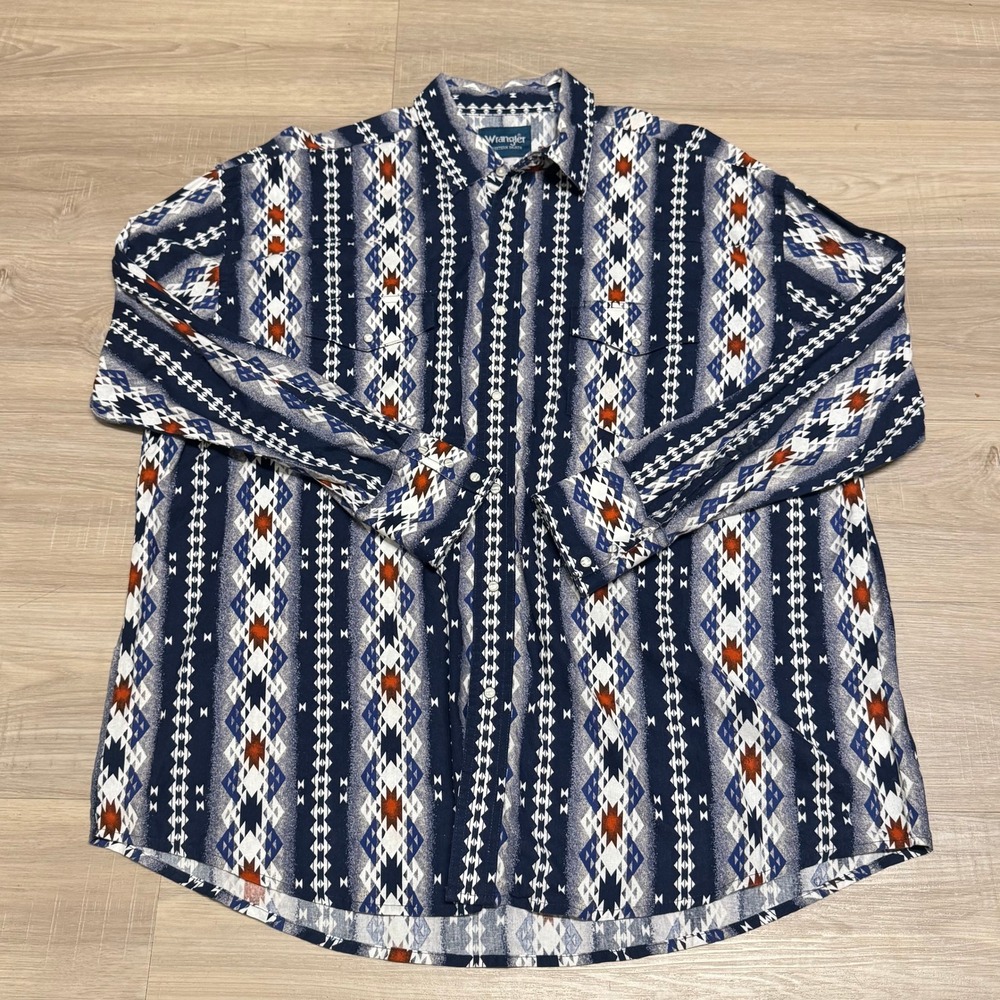 Wrangler Western Shirt Mens XXL Aztec Southwestern Pearl Snap Cowboy Rodeo Blue